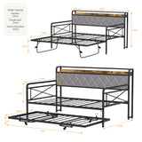 VINGLI Twin Daybed with Trundle Bed, Sofa DayBed with LED Light & Charing Station, Upholstered Bed Frame with Storage Headboard and Heavy Duty Metal Slats, for Living Room, Bedroom, Guest Room, Gray VINGLI