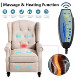 Mid-Century Wingback Recliner Chair with Massage & Heat, Accent Recliner with Nailhead Trim, Armchair with Side Pockets & Solid Wood Legs, Adjustable 3-Position Reclining Chair for Living Room, Beige GUEAPY