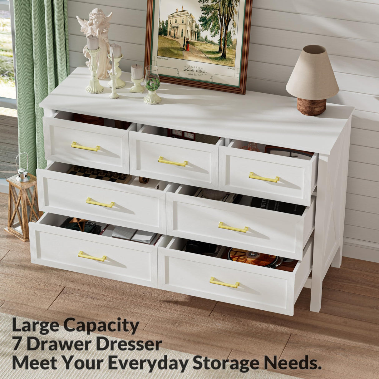 LYNSOM Farmhouse 7 Drawers Dresser for Bedroom, Wood Rustic Wide Chest of Drawers with Deep Drawers, Metal Handle, Storage Dressers Organizer for Entryway, Hallway, White LYNSOM