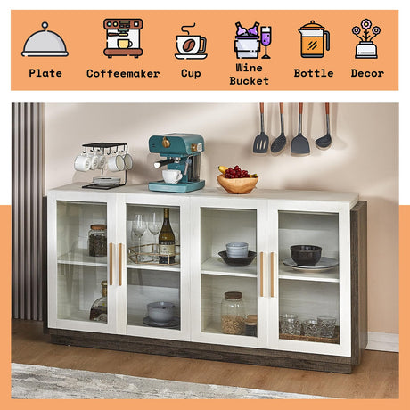 AMERLIFE Sideboard Buffet Cabinet, Mixed Color Accent Cabinet with LED Lights, Modern Glass Doors Storage Cabinet with Adjustable Shelf, Console Table for Dining, Living Room, White and Grey AMERLIFE