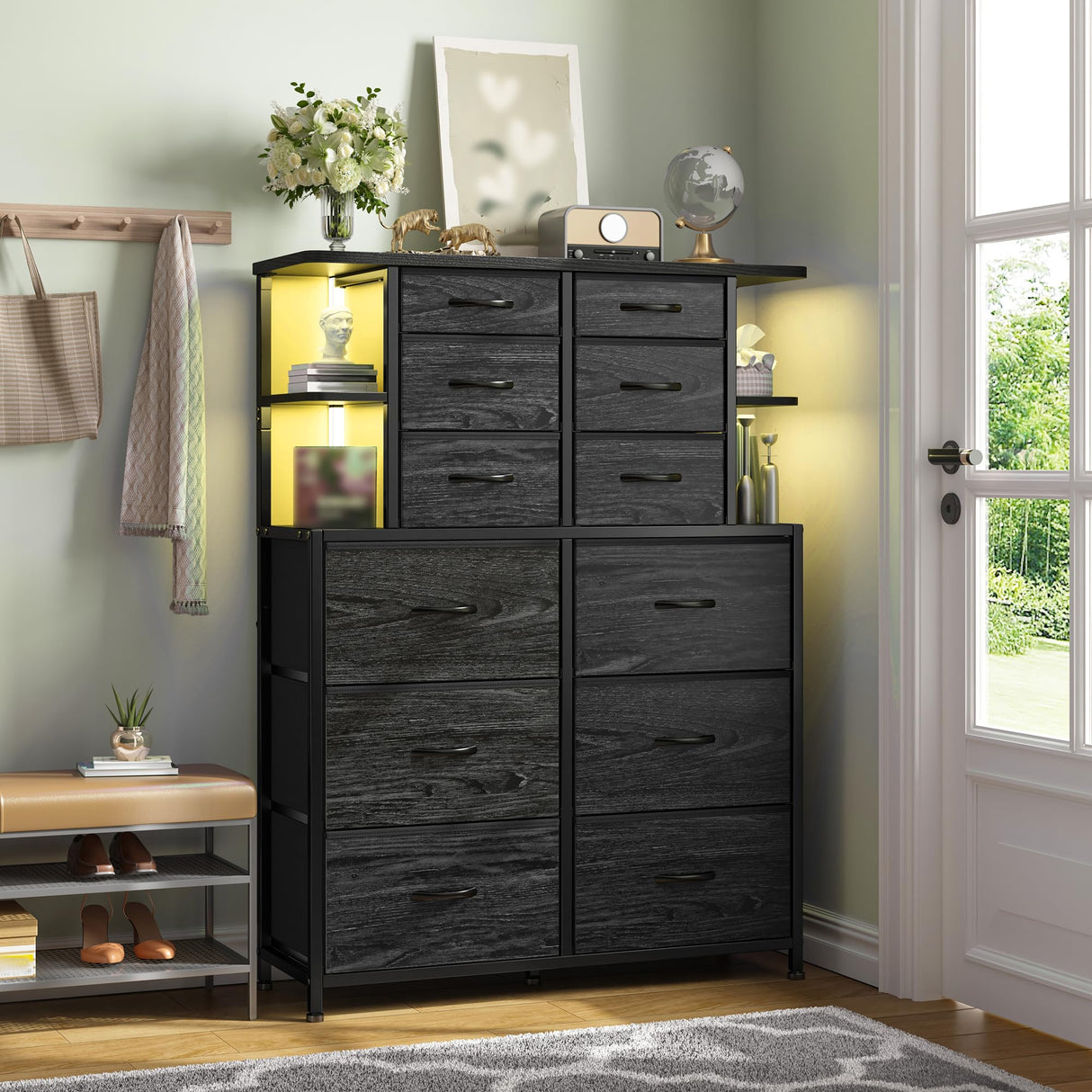 EnHomee Dresser for Bedroom with LED Lights and 12 Fabric Dresser with 4 Open Shelves, Chest of Drawers, Metal Frame, Black, 45.2" H x 35.4" W x 11.8" D EnHomee