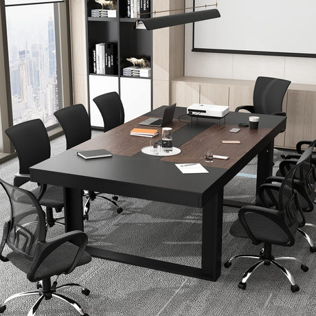 ECACAD 7FT Conference Table for 6-8 People, Large Rectangular Meeting Table, Modern Seminar Table for Office Meeting Conference Room, Black and Deep Brown (86.8”L x 47.2”W x 29.4”H) ECACAD