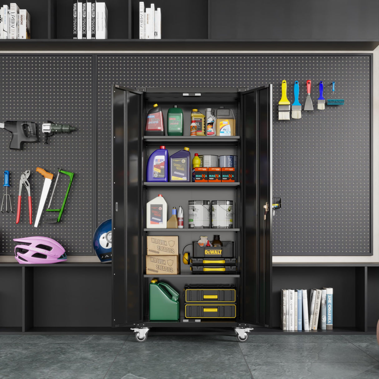 UINSOO 72" Tall Black Metal Storage Cabinet with Wheels, Rolling Storage Garage Cabinet with Adjustable Shelves and Door for Garage, Office, Kitchen, Laundry Room, Assembly Required UINSOO