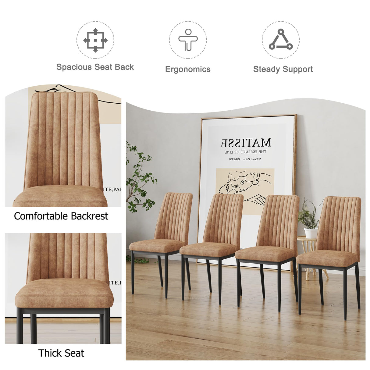 RDUEEI Brown Dining Chairs Set of 6, Comfortable Dining Room Chair, Metal Kitchen Chairs with Leathaire Fabric and High Back, Sillas para Comedor Set de 6 for Living Room (BR-6) RDUEEI