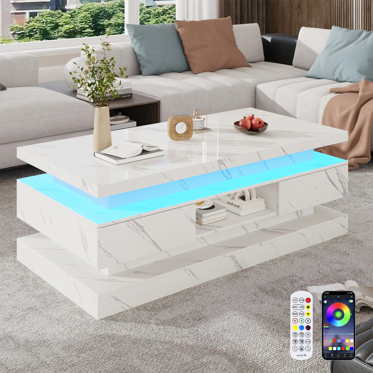 47.2 inch Modern High Glossy LED Coffee Table with 2 Sliding Drawers, Double-Layer Center Tables with LED Lights for Livings Room Furniture, White chartustriable