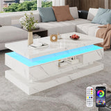 47.2 inch Modern High Glossy LED Coffee Table with 2 Sliding Drawers, Double-Layer Center Tables with LED Lights for Livings Room Furniture, White chartustriable