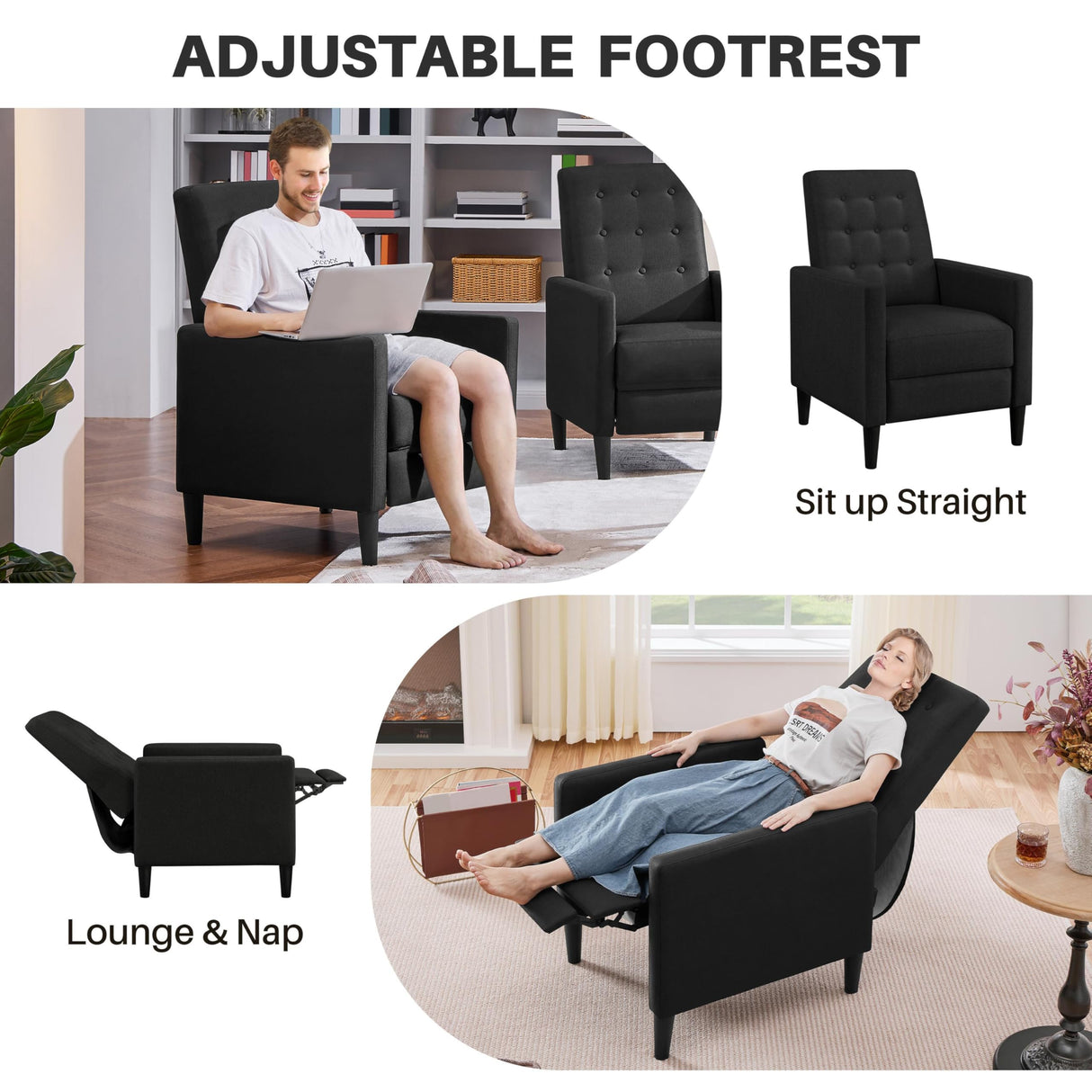 Yaheetech Fabric Recliner Chair Mid-Century Modern Recliner Adjustable Single Recliner Sofa with Thicker Seat Cushion Tufted Upholstered Sofa with Pocket Spring for Living Room Bedroom Black Yaheetech