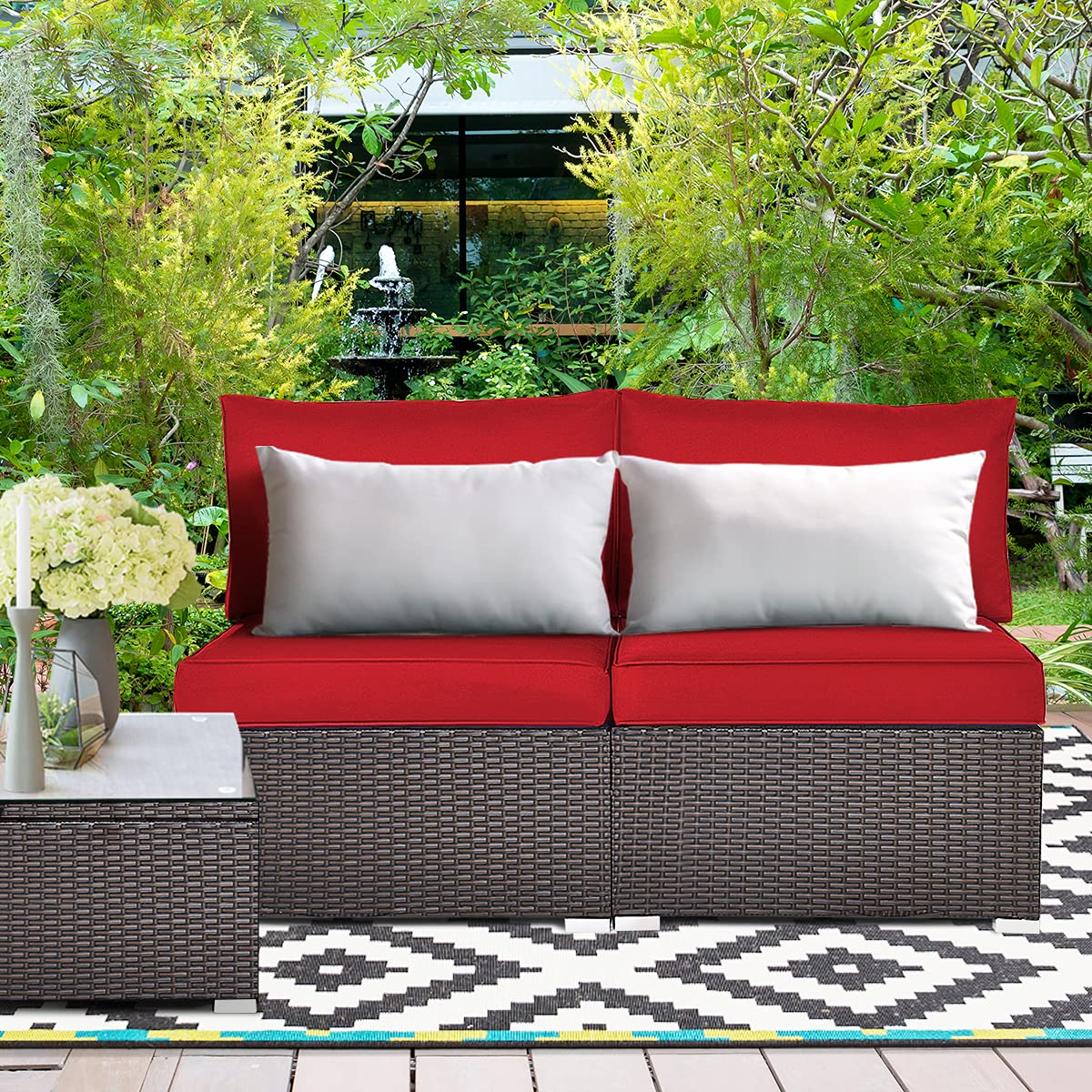 COSTWAY 2PCS Patio Rattan Armless Sofa Sectional Conversation Furniture Set W/Cushion COSTWAY