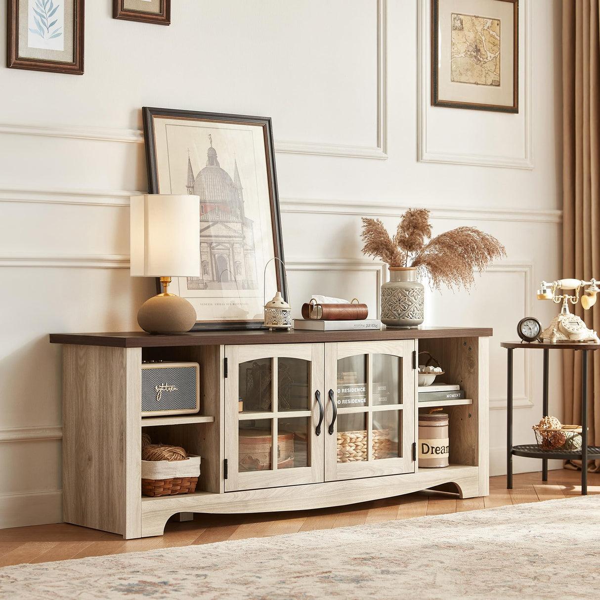 LINSY HOME Farmhouse TV Stand for 65 Inch TV, Wood Entertainment Center with Glass Door Storage Cabinet & Adjustable Shelves, Large Sturdy TV Console Table for Living Room Bedroom LINSY HOME