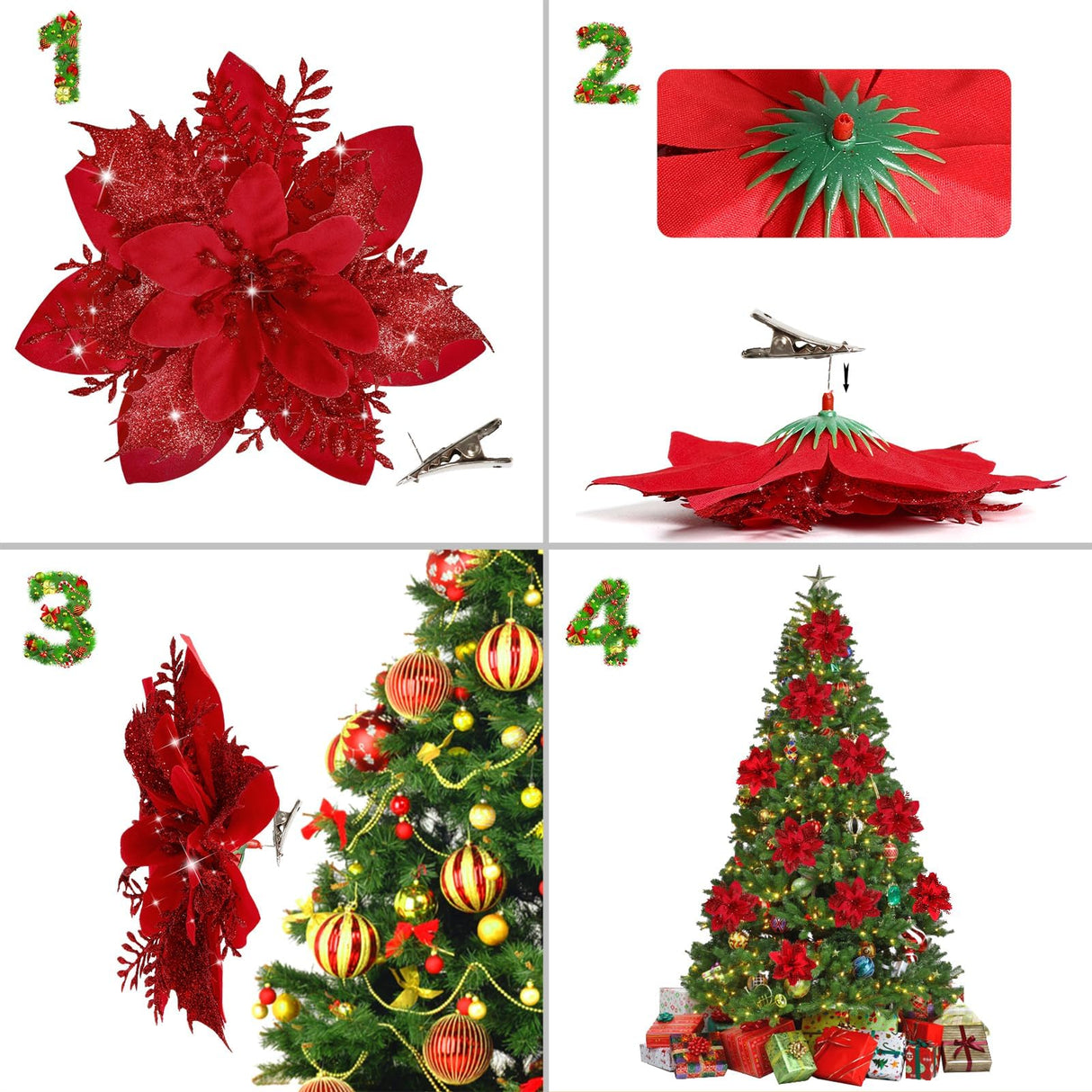 15 PCS Poinsettia Flower Artificial Poinsettia with Clips Christmas Decor Glitter Poinsettia Christmas Ornaments Christmas Tree Flower Decorations with Stems DIY Xmas Wreath Holiday Home Party Decor Childom