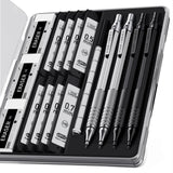 Four Candies 4PCS Metal Mechanical Pencils Set with Case, 0.5mm & 0.7 mm Artist Pencil with 8 Tubes (480PCS) HB Lead Refills, 3 Erasers,9 Eraser Refills For Writing Drafting, Drawing, Black&Silver Four Candies