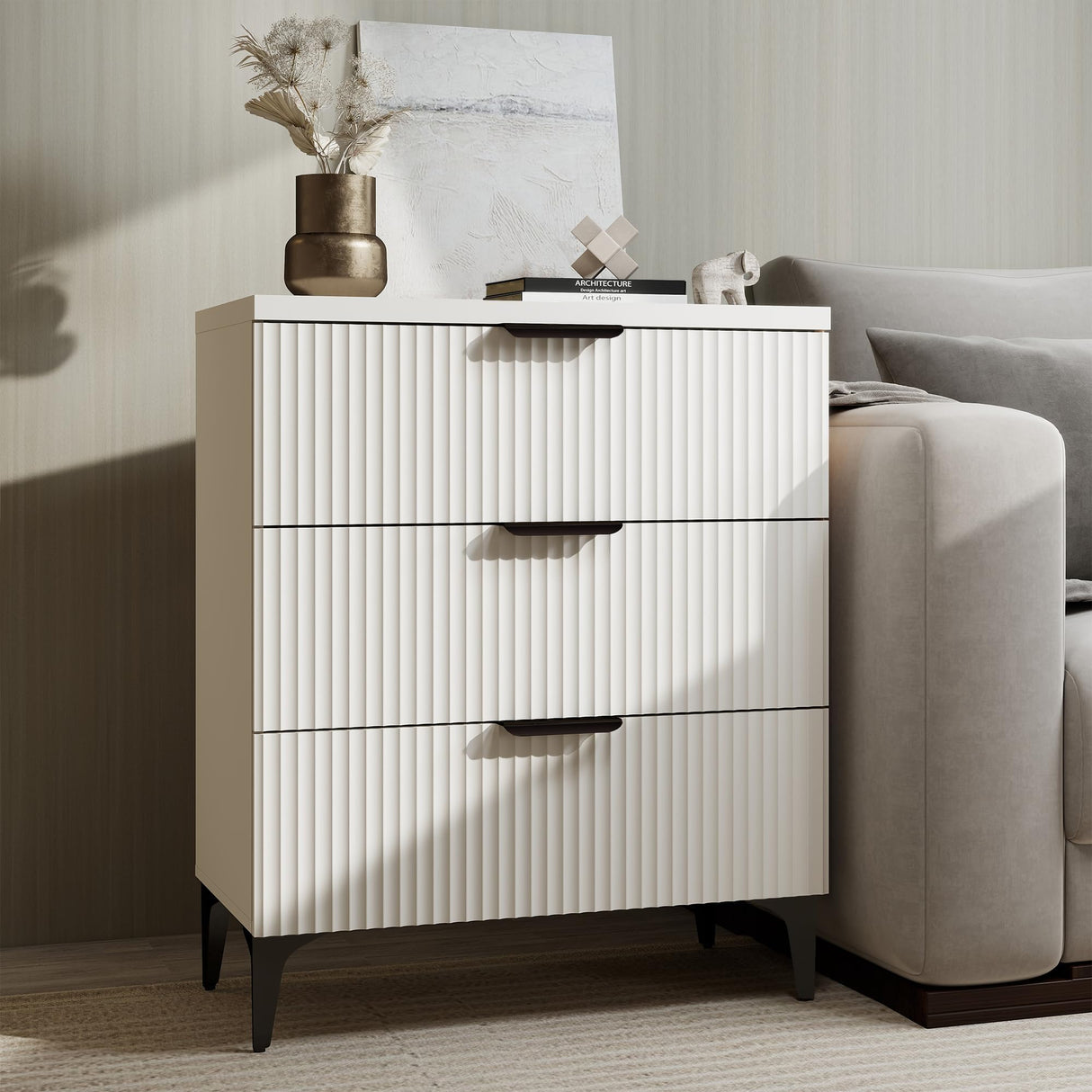 GRAINLLE Wood Night Stand Set Fluted Dresser for Bedroom 3 Drawers End Tables Nightstand, Storage Modern Side Table Natural White Bedside Table GRAINLLE