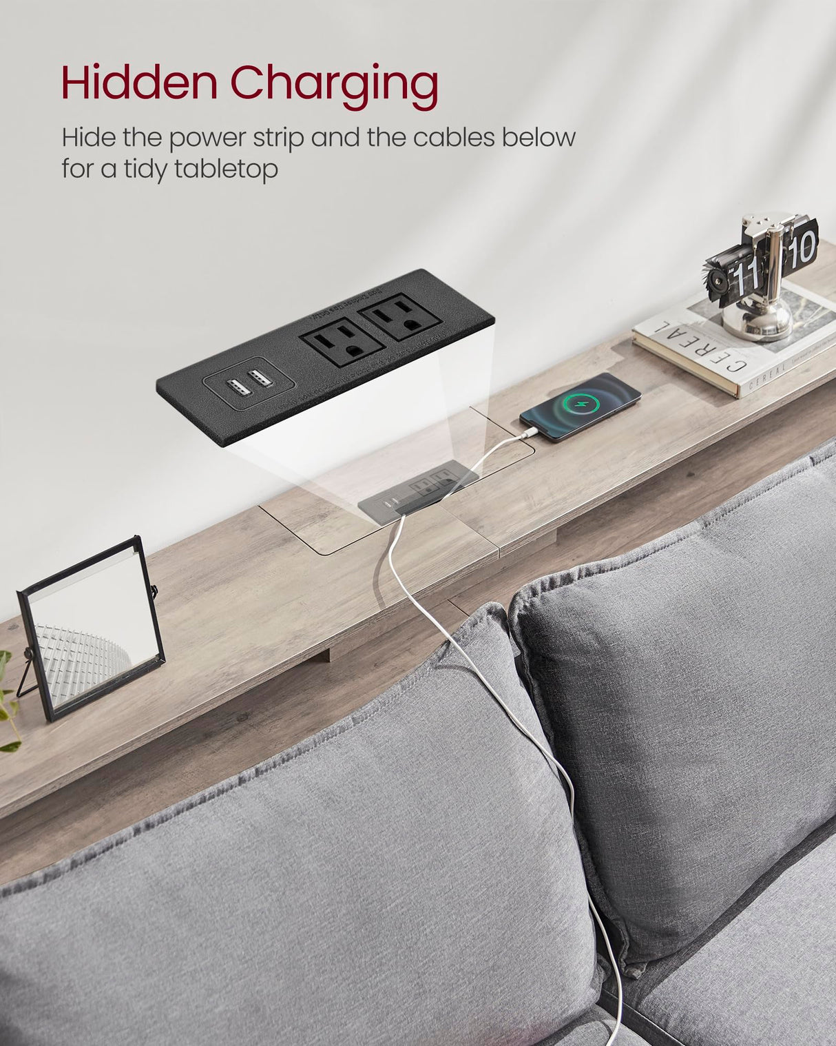 VASAGLE 55.1-Inch Console Table with Outlet and Shelves, Sofa Table with Charging Station, Behind Couch Table Skinny, Entryway Table for Hallway, Living Room, Heather Greige and Ink Black ULNT120K02 VASAGLE