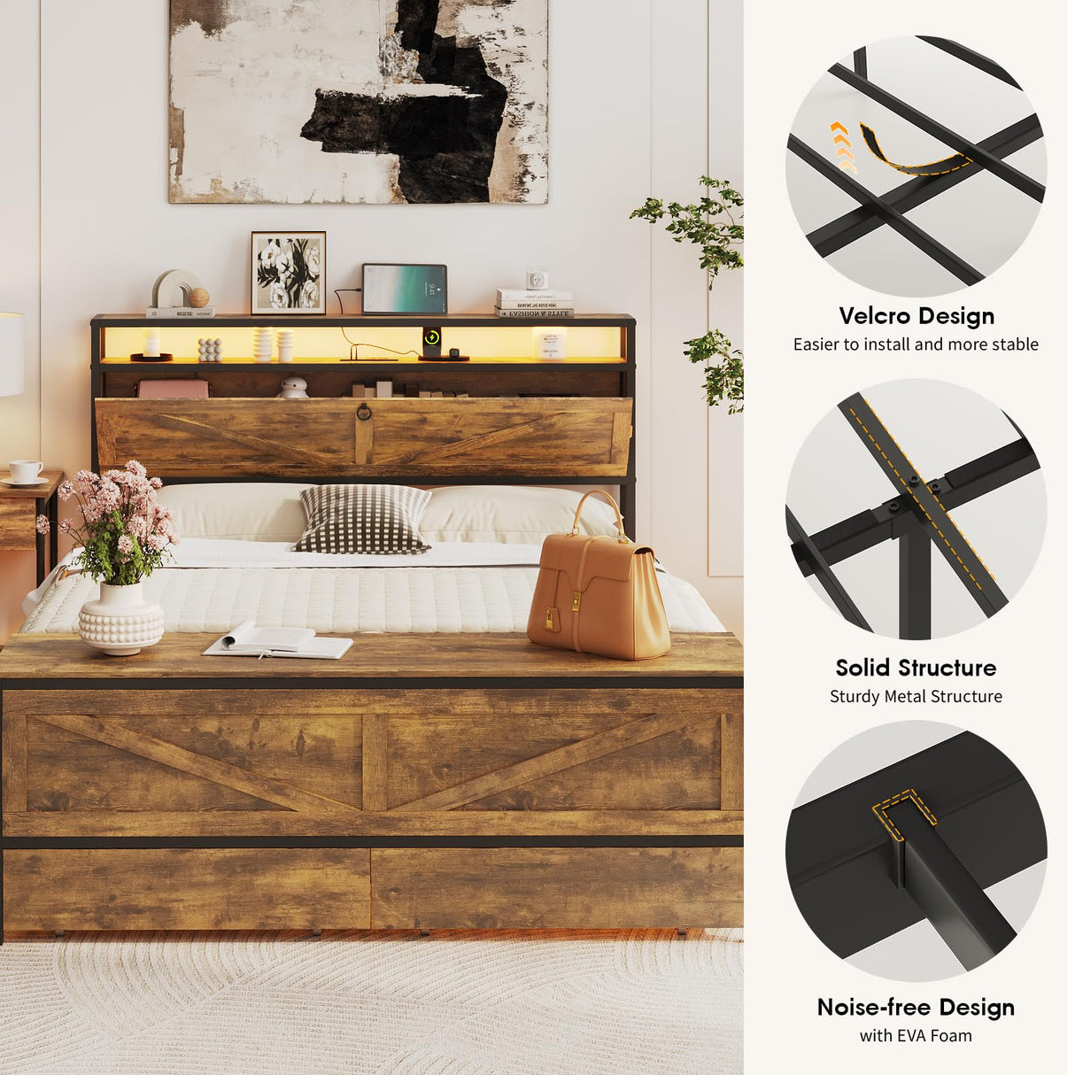 Fameill Full Size Bed Frame with Storage Ottoman and 2 Drawers, Farmhouse Metal Platform Bed with Headboard, LED Lights and Charging Station, No Box Spring Needed, Noise Free, Brown Fameill