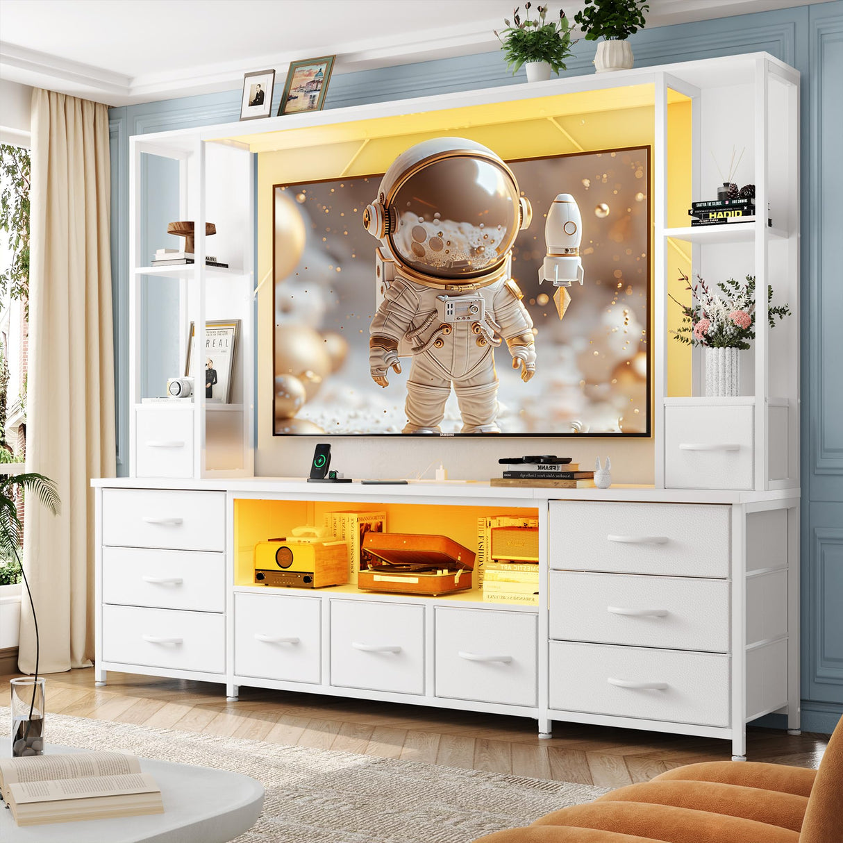 78.6" W Stands for Living Room, Large Wall Unit Entertainment Center with 11 Fabric Drawer,Dresser TV Stand with 2 LED Lights & Power Outlets,TV Stand for Bedroom with Storage Shelves,White EnHomee