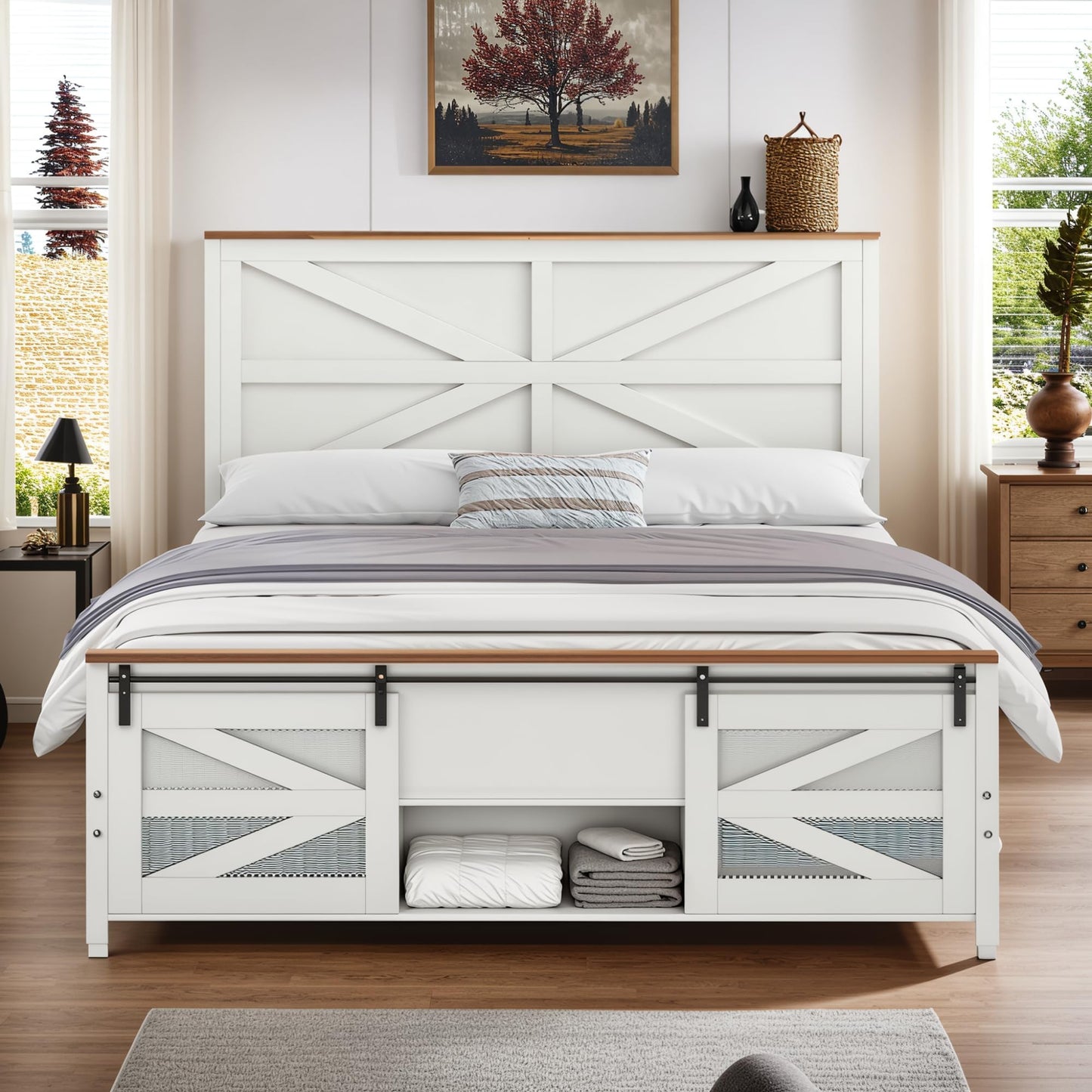 YITAHOME Farmhouse Queen Size Bed Frame with Sliding Barn Door Storage Cabinets, Farmhouse Platform Bed Frame with Headboard Solid Metal Slats Support, Noiseless, No Box Spring Needed, White