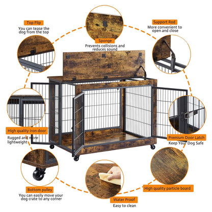 IchbinGo Wooden Dog Crate Table Furniture, 38.5" Dog Kennel with 3 Doors, Flip-up Top Opening and Wheels, Decorative Pet Crate Dog House for Large/Medium/Small Dog Indoor Use (Rustic Brown) - WoodArtSupply