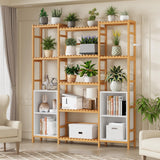 FOTOSOK Bamboo Shelf Bookcase, Triple Wide Bookshelf with 4 Cubes & 9 Shelves, Large Bookshelf with Storage, Plant Shelf Bathroom Shelf Pantry Shelf Standing Organizer Unit, Natural FOTOSOK