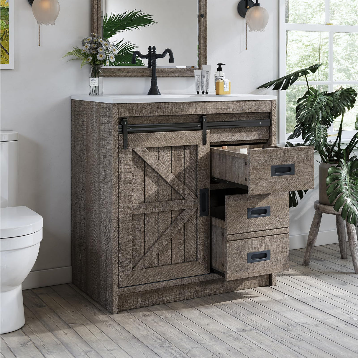 LUXOAK 31" Farmhouse Sliding Barn Door Bathroom Vanity with Sink Combo, Bathroom Vanity Cabinet with Drawers & Metal Handles, Freestanding, Gray LUXOAK