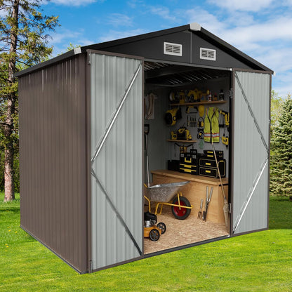 Breezestival Outdoor Storage Shed 5.6x8.5 FT, Utility Steel Tool Shed with Lockable Door and Air Vents, Galvanized Metal Shed for Garden Backyard Patio Lawn (6' x 8')