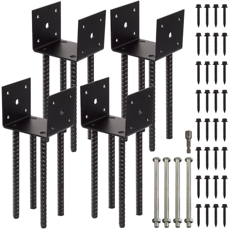 LADECH Fence Post Holder Ground Spike Use for Concrete Deck - Post Base Anchor Metal Black Powder Coated 4 Inches x 4 Inches (Inner Dia 3.5x3.5) 4 Pack LADECH