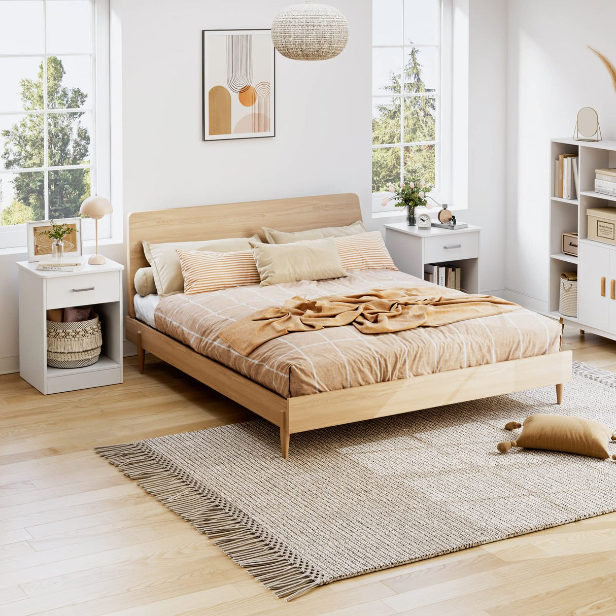 FOTOSOK Nightstand, Set of 2, 2-Tier Side Table with Drawer and Storage Shelf, Bedside Table End Table, Modern Night Stand for Bedroom, Home Office,White FOTOSOK