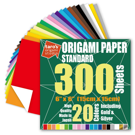 [Taro's Origami Studio] Standard 6 Inch One Sided 20 Colors 300 Sheets Square Easy Fold Premium Japanese Paper for Beginner (Gold and Silver Included) Made in Japan Taro's Origami Studio