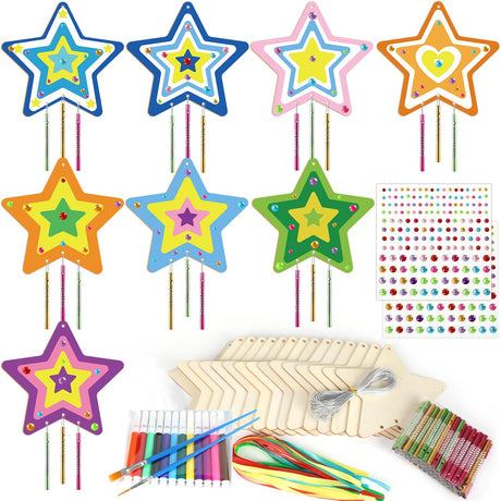party greeting 16 Pack Star Wind Chime Kits Crafts for Kids Make Your Own Star Wind Chime Ornament Wooden DIY Coloring Arts Crafts for School Home Princess Fairy Party Decor Supplies Birthday Gifts party greeting