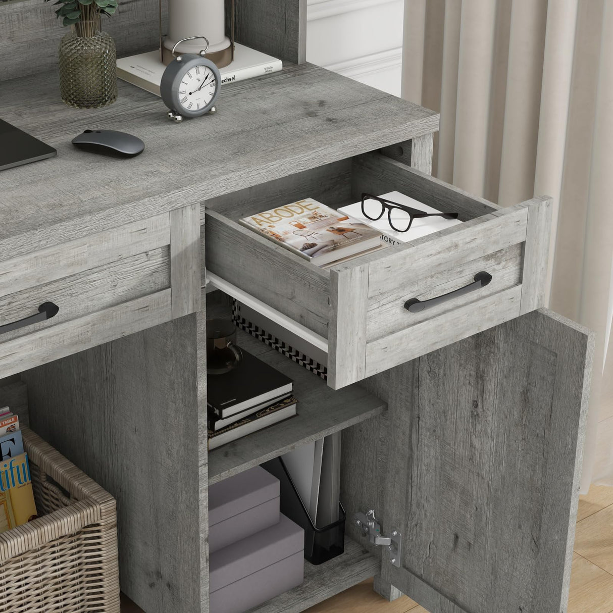 Halitaa Farmhouse 47'' Executive Desk, I-Shape Desk with 3 Drawers, 2 Cabinets, Gray Oak, for Home Office Halitaa