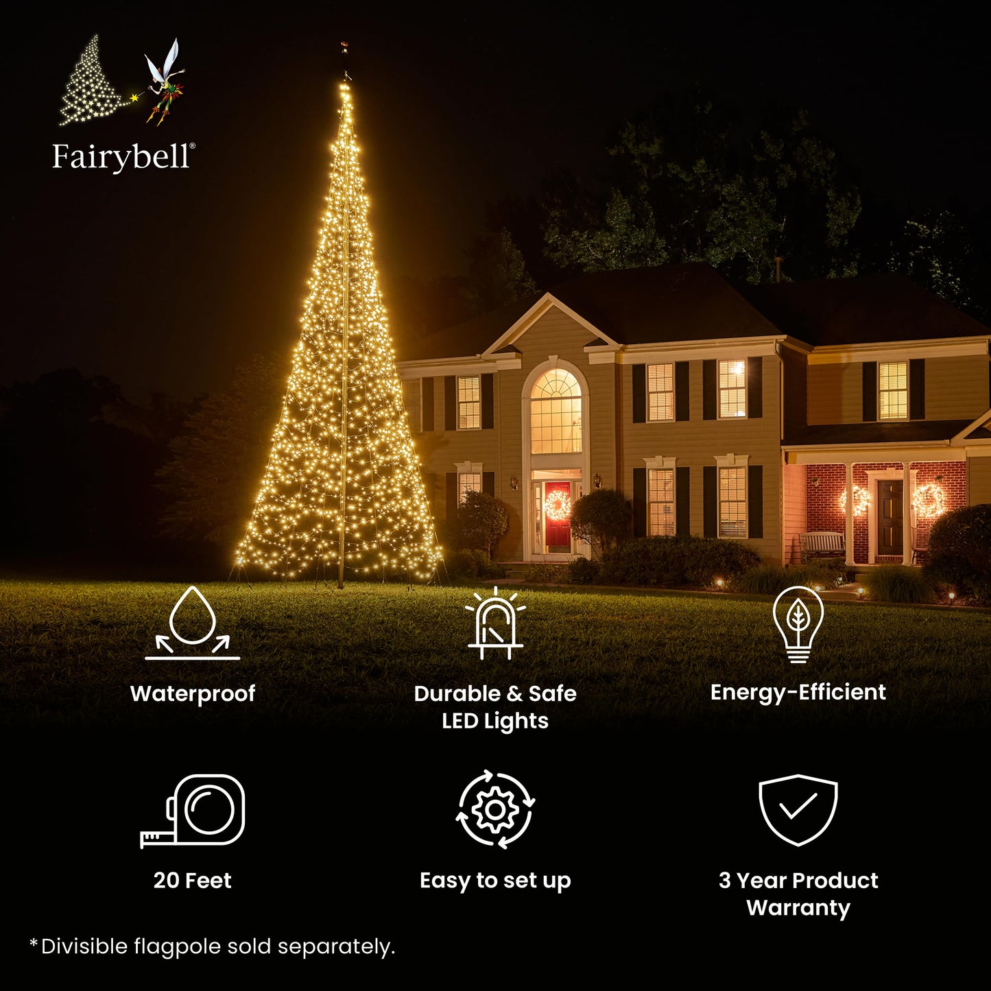 Fairybell - Flagpole LED Christmas Tree - Outdoor Christmas Decorations - Warm White - 2,000 LED Tree - 20ft - Suitable for Existing Flagpoles