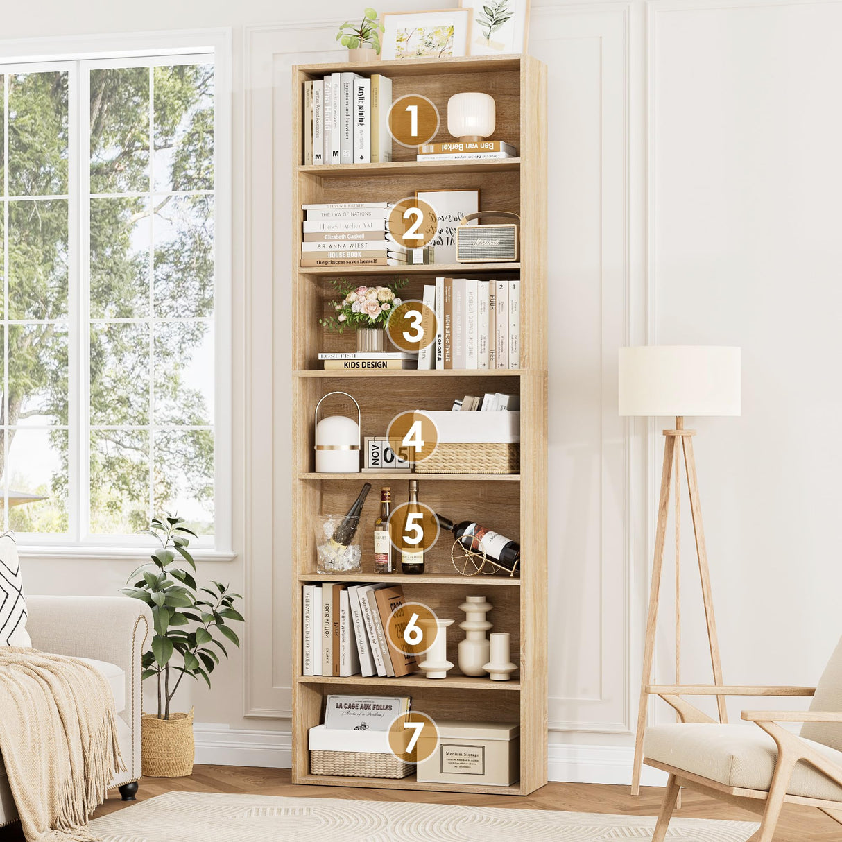 FACBOTALL 82" Tall Bookshelf, 7-Tier Open Shelves Bookcase, Freestanding Display Storage Shelves, Tall Bookcase Home Decor Furniture for Home Office, Living Room, Bedroom, Light Oak FACBOTALL