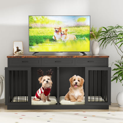 63 inches Large Dog Crate Furniture for 2 Dogs Double Dog Crate Wooden Heavy Duty Dog Kennel Furniture TV Stand with 3 Drawers for Large Medium Dogs,Black