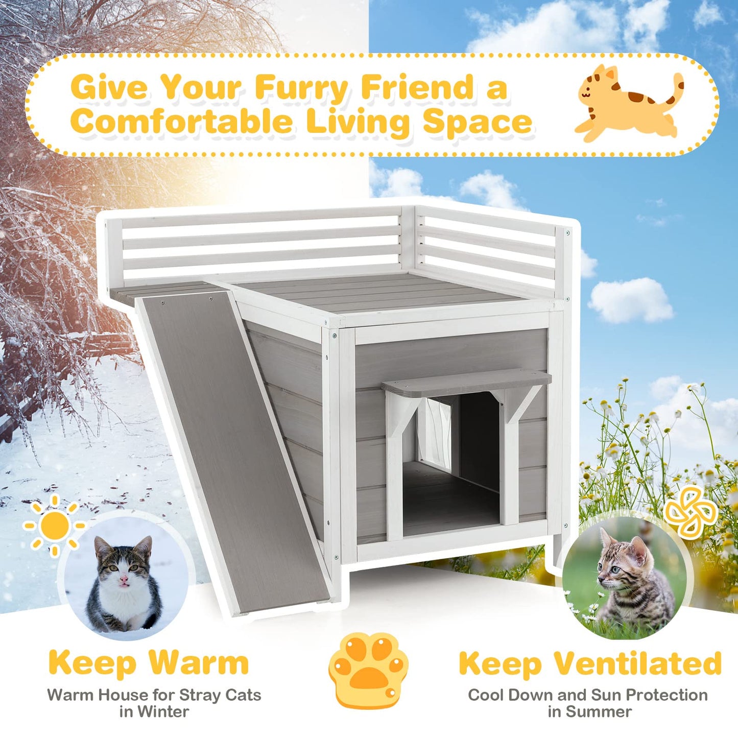 Tangkula 2-Story Outdoor Cat House, Feral Kitty Houses with Escape Doors, PVC Curtains, Cat Balcony, Cat Condo, Wide Side Ladder, Outdoor Indoor Cat Shelter Weatherproof for Home, Patio - WoodArtSupply