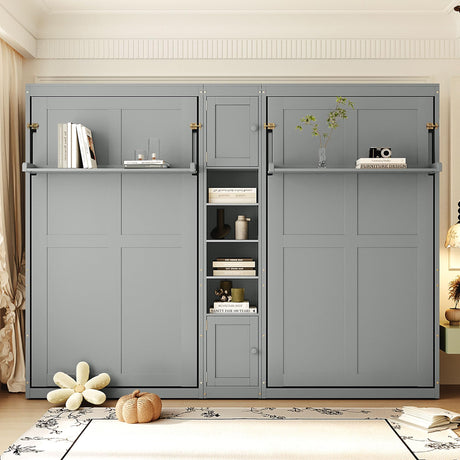 2-in-1 Design Dual Murphy Bed Twin Size with Cabinets and Shelves, Wood Wall Murphy Bed, Can be Folded Platform Bed with Convertible Shelf-Legs for Guest Room Home Office (Gray-7.23) XD Designs