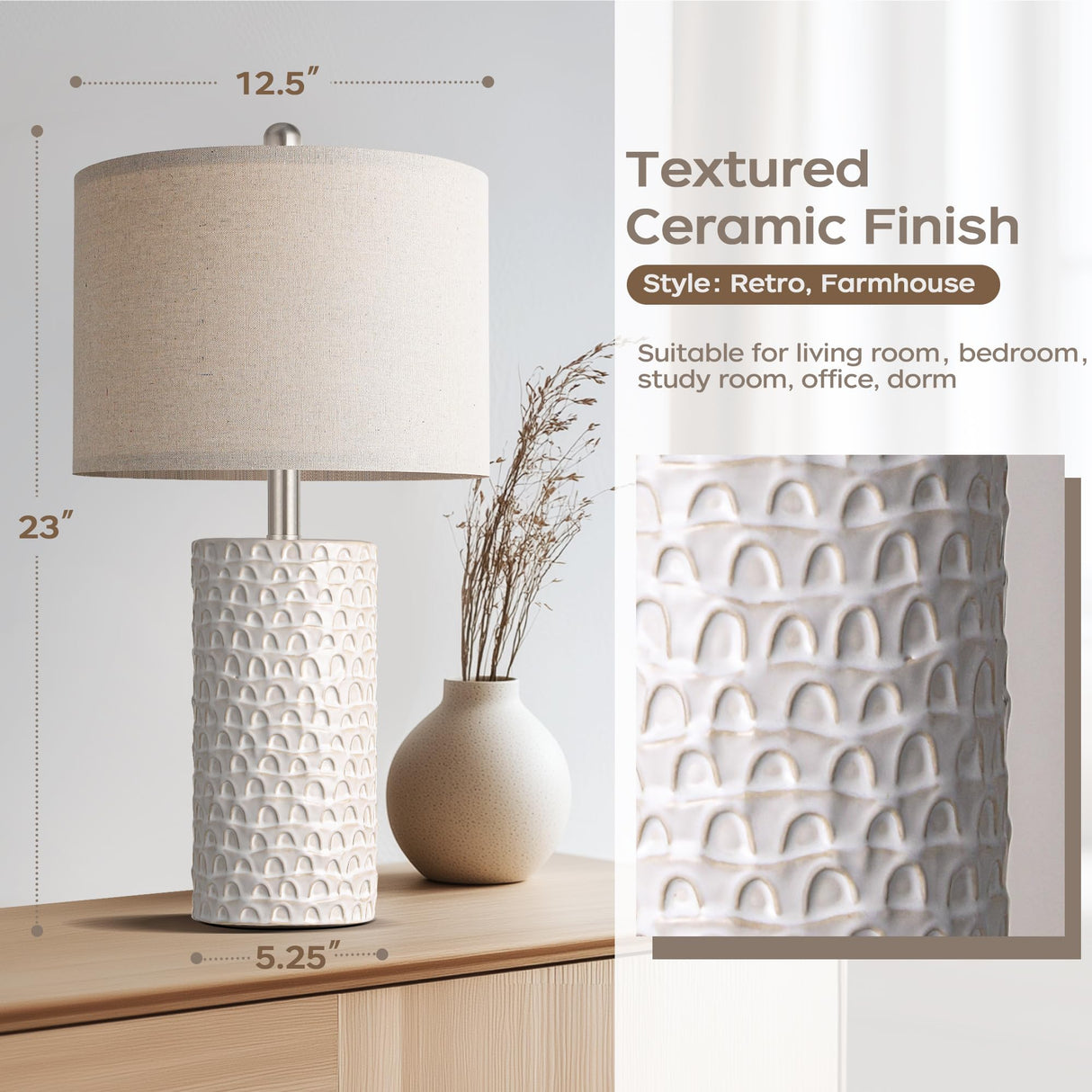 PARTPHONER 23" Modern Ceramic Table Lamp Set of 2, Table Lamps for Living Room, Rustic Farmhouse Bedside Lamps Nightstand lamp for Bedroom, White Desk Lamp for End Table Home Decor Beige PARTPHONER