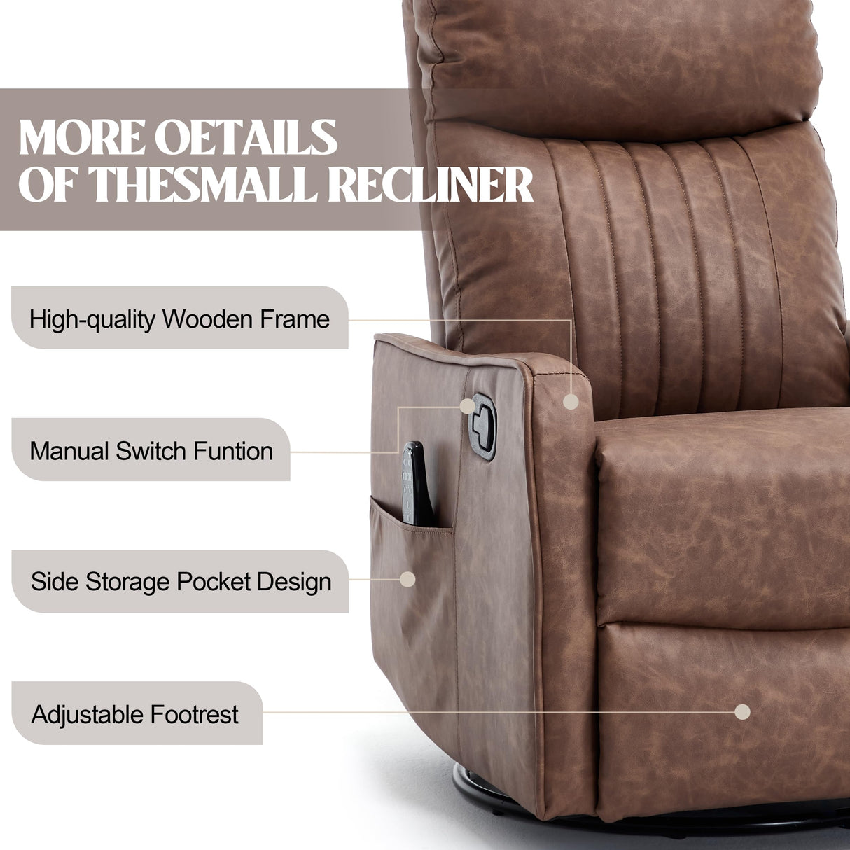 PELUMY Recliner Chair Swivel Rocking with Heat Massage - 360° Manual Recliner, 8-Point Vibrating & Lumbar Heat, Easy Assembly Chair for Living Room (Breathable Leather, Brown) PELUMY