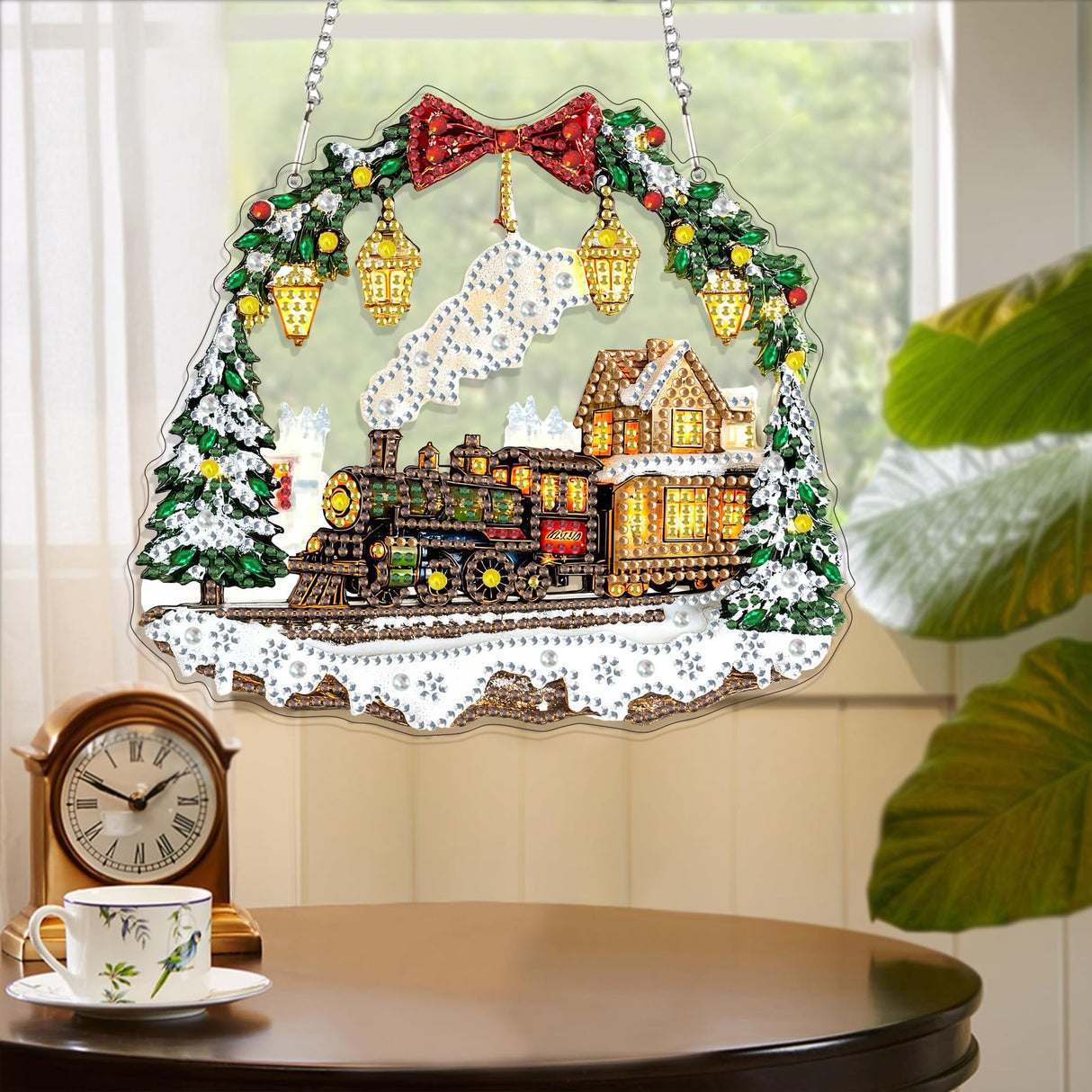 Yomiie Train House Sun Catcher Window Hanging - DIY Double Sided Diamond Painting Pendant Kit, Acrylic Diamonds Art Ornament for Front Door Sign & Indoor/Outdoor Garden Christmas Decor(8x8 inch) Yomiie