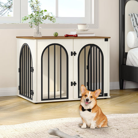 Hzuaneri 31.5'' Wooden Dog Crate Furniture, Indoor Dog Kennel Dogs Cage for Small/Medium Dogs, Heavy Duty Dog Crates Decorative Pet House End Side Table TV Stand, White Brown DFC85114B Hzuaneri