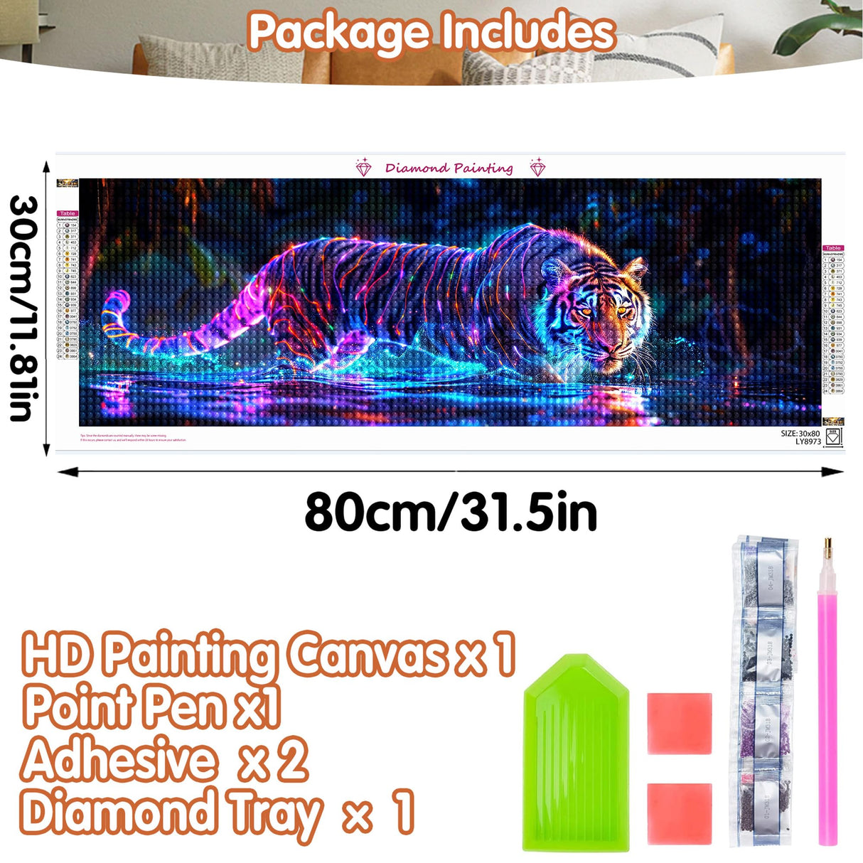 SKRYUIE 5D Large Diamond Painting Kits Tiger - DIY Diamond Art Kits for Adults Animal, Full Round Drill - Crystal Embroidery Cross Stitch - Craft for Wall & Office Decor - 12x30 inch / 30x80 cm C17 SKRYUIE