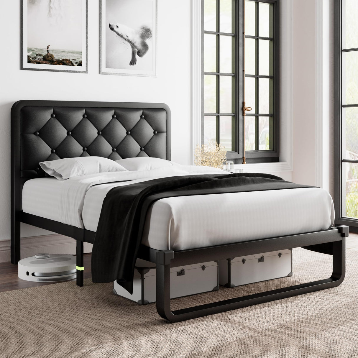 Feonase Twin Bed Frame, Upholstered Platform Bed Frame with Diamond Tufted Headboard, Heavy-Duty Steel Slats, 12" Storage Space, Noise Free, No Box Spring Needed, Easy Assembly, Black Feonase