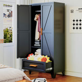 71 Farmhouse Metal Wardrobe Closet with Hanging Rod, 2 Barn Doors, Adjustable Shelves, Steel Armoire with Drawer for Home, Bedroom Black COFaR