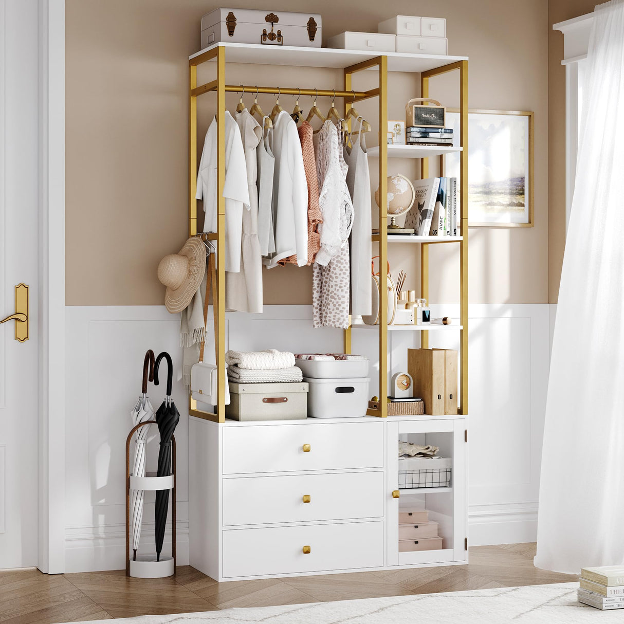 BOTLOG Closet System Organizer, 81.3” H Wardrobe Closet with 3 Wooden Drawers, Clothes Rack with Hanging Rods, 4 Tiers Shelves, Metal Frame, White and Gold BOTLOG