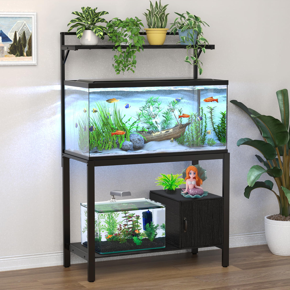 GDLF 40-50 Gallon Fish Tank Stand with Plant Shelf Metal Aquarium Stand with Cubby Storage 36.6" x 18.5" Tabletop fits Aquarium,Turtle Tank,or Reptile Terrariums GDLF