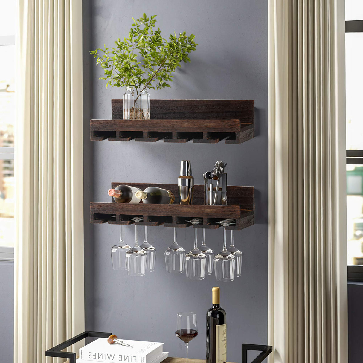 KIAYACI Wall-Mounted Wood Wine Rack 7 Bottles Wine Storage Rack 5 Long Stem Glass Holder Floating Wine Rack Brown 24 x 7.4 x 6 inches KIAYACI