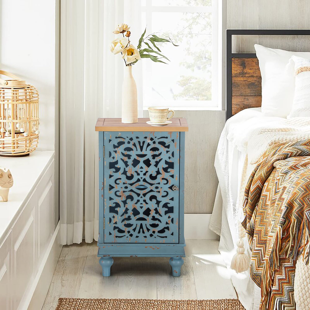 PHI VILLA Small Accent Storage Cabinet with Single Door - Decorative Nightstand for Living Room Bedroom, End Side Table Cabinet Blue PHI VILLA