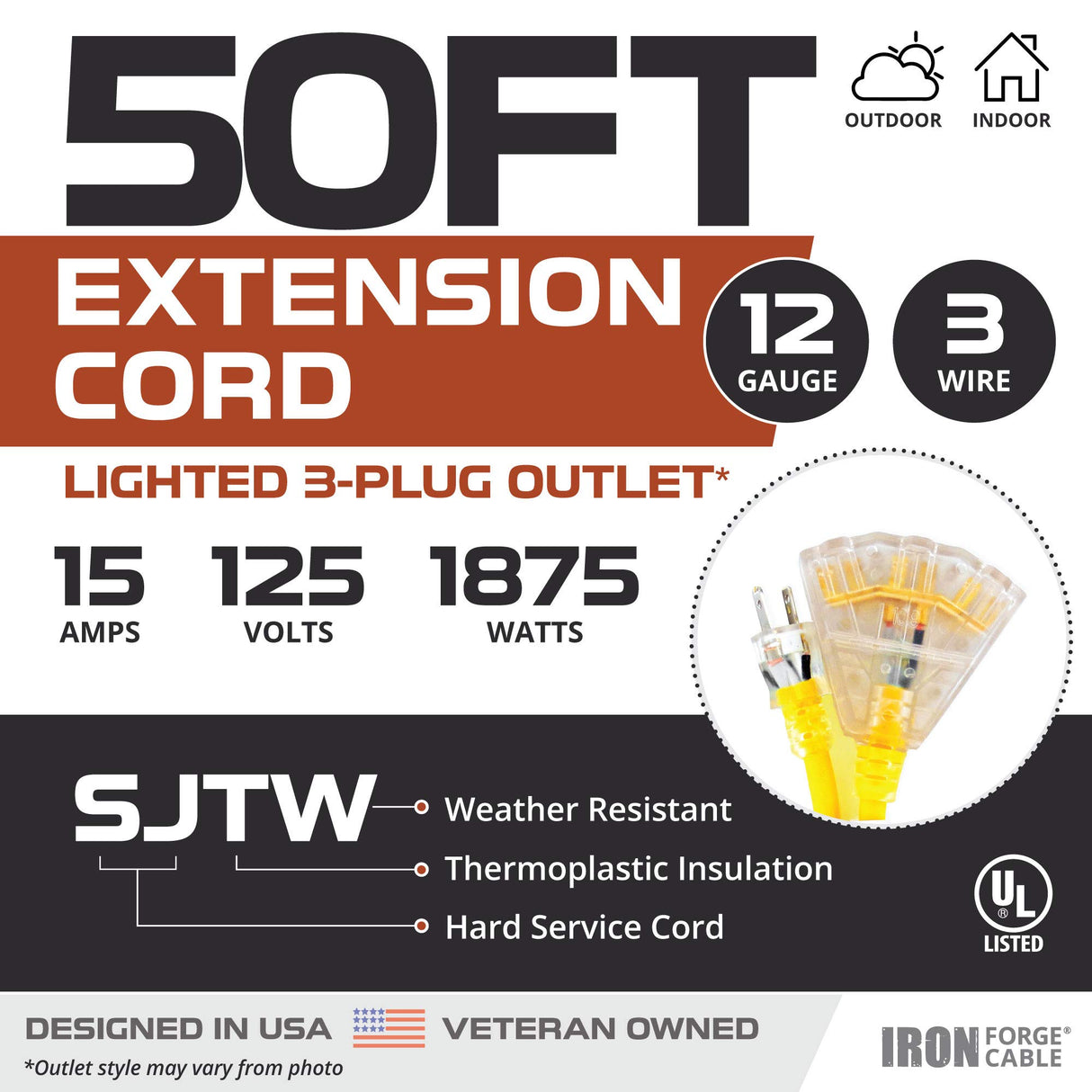 Iron Forge Cable 50 Foot Lighted Outdoor Extension Cord with 3 Electrical Power Outlets - 12/3 SJTW Heavy Duty Yellow Extension Cable with 3 Prong Grounded Plug for Safety, 15 AMP Iron Forge Cable