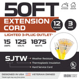 Iron Forge Cable 50 Foot Lighted Outdoor Extension Cord with 3 Electrical Power Outlets - 12/3 SJTW Heavy Duty Yellow Extension Cable with 3 Prong Grounded Plug for Safety, 15 AMP Iron Forge Cable