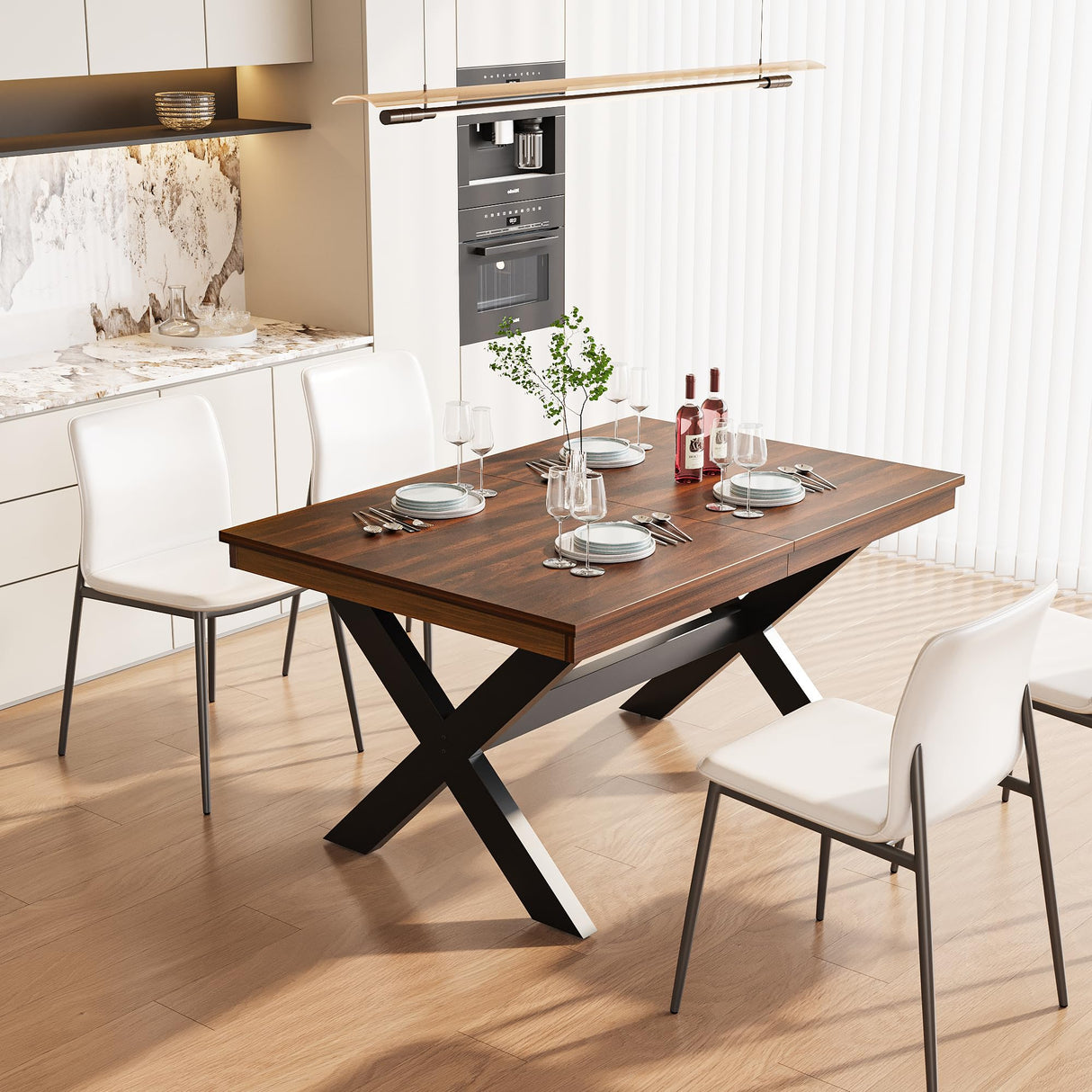 Aimery 59"-76" Extendable Dining Table for 4-8 Person, Space-Saving Extra Long Transformer Table with Extension Leaves Holder, Walnut Aimery