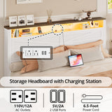 IRONCK Farmhouse Queen Size Bed Frame with LED Light and Charging Station, Wood Bed Frame with Storage Headboard and 2 Drawers， Barn Door Design, Sturdy and Noiseless, White IRONCK