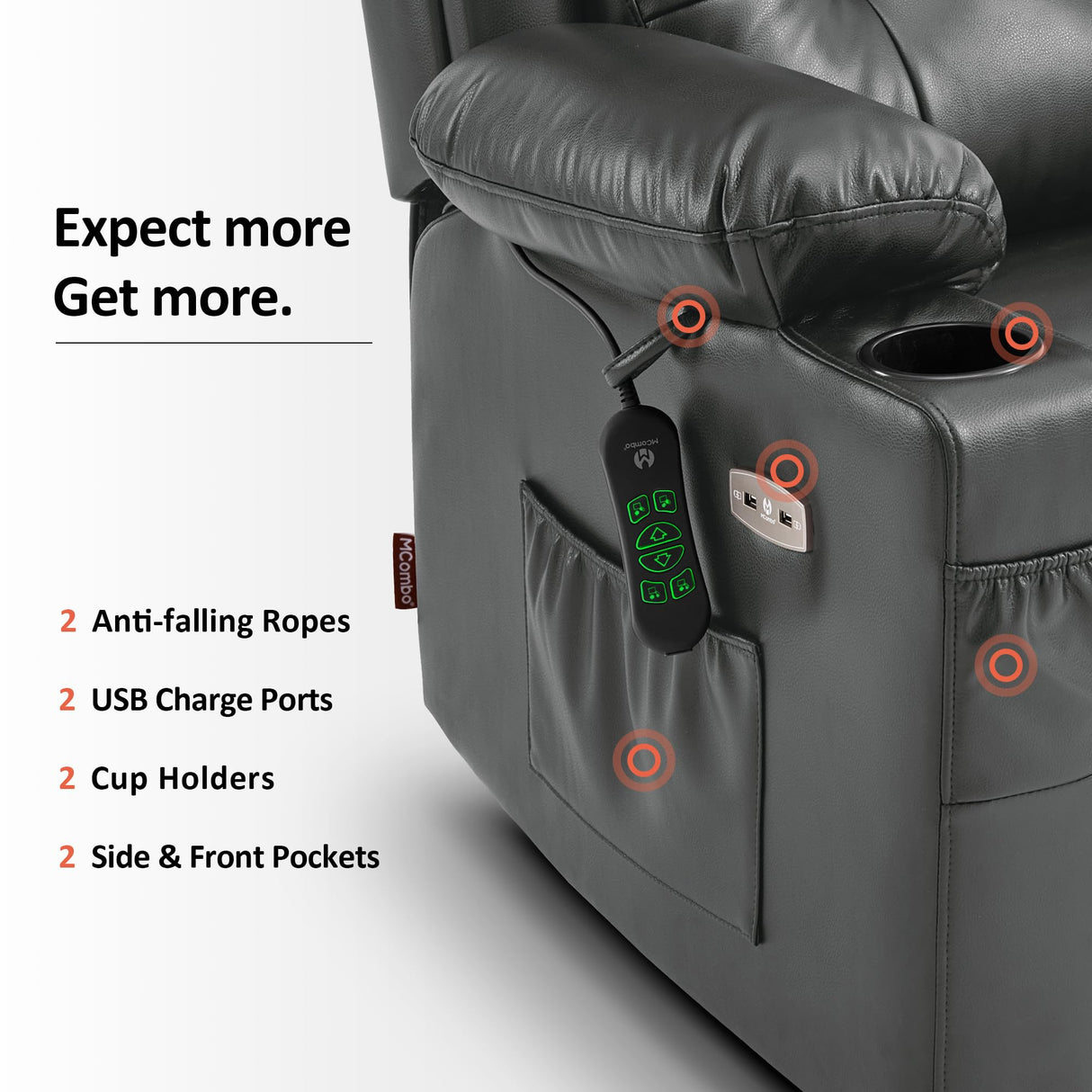 MCombo Large Triple Motor Power Lift Recliner Chair with Massage and Heat for Elderly People, Adjustable Headrest, Infinite Position, USB Ports, Faux Leather 7662 (Dark Grey, Large) MCombo